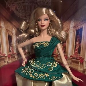 Mattel Holiday Barbie Doll in Green and Gold Dress
